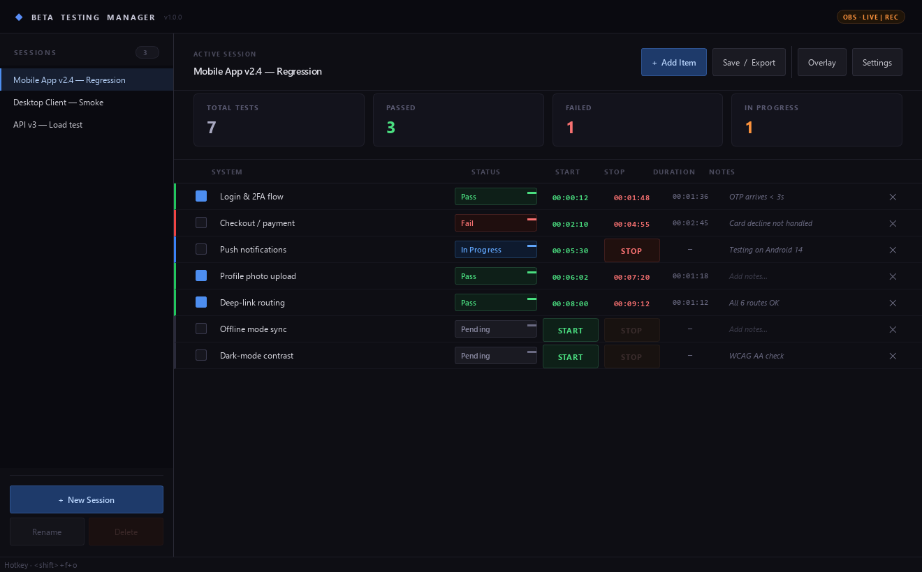 Beta Testing Manager main window with a regression session