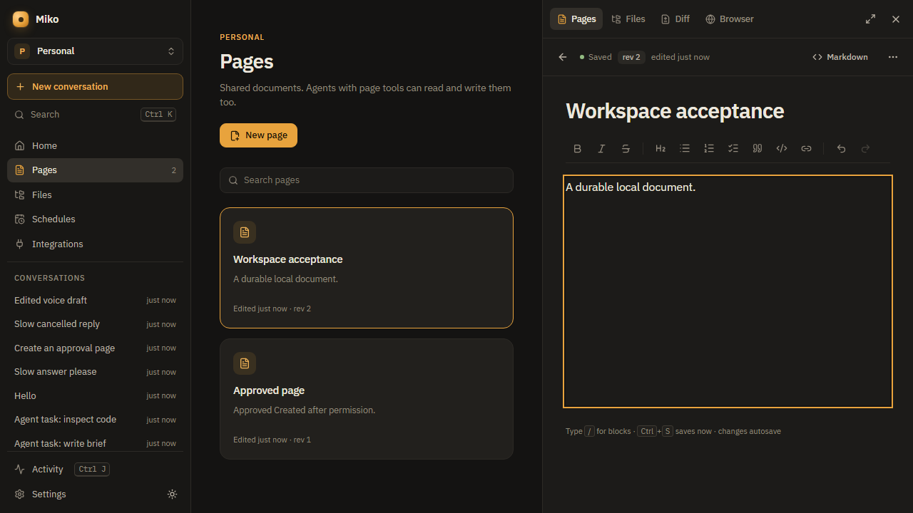 Miko 2.0 workspace with shared pages and a document editor